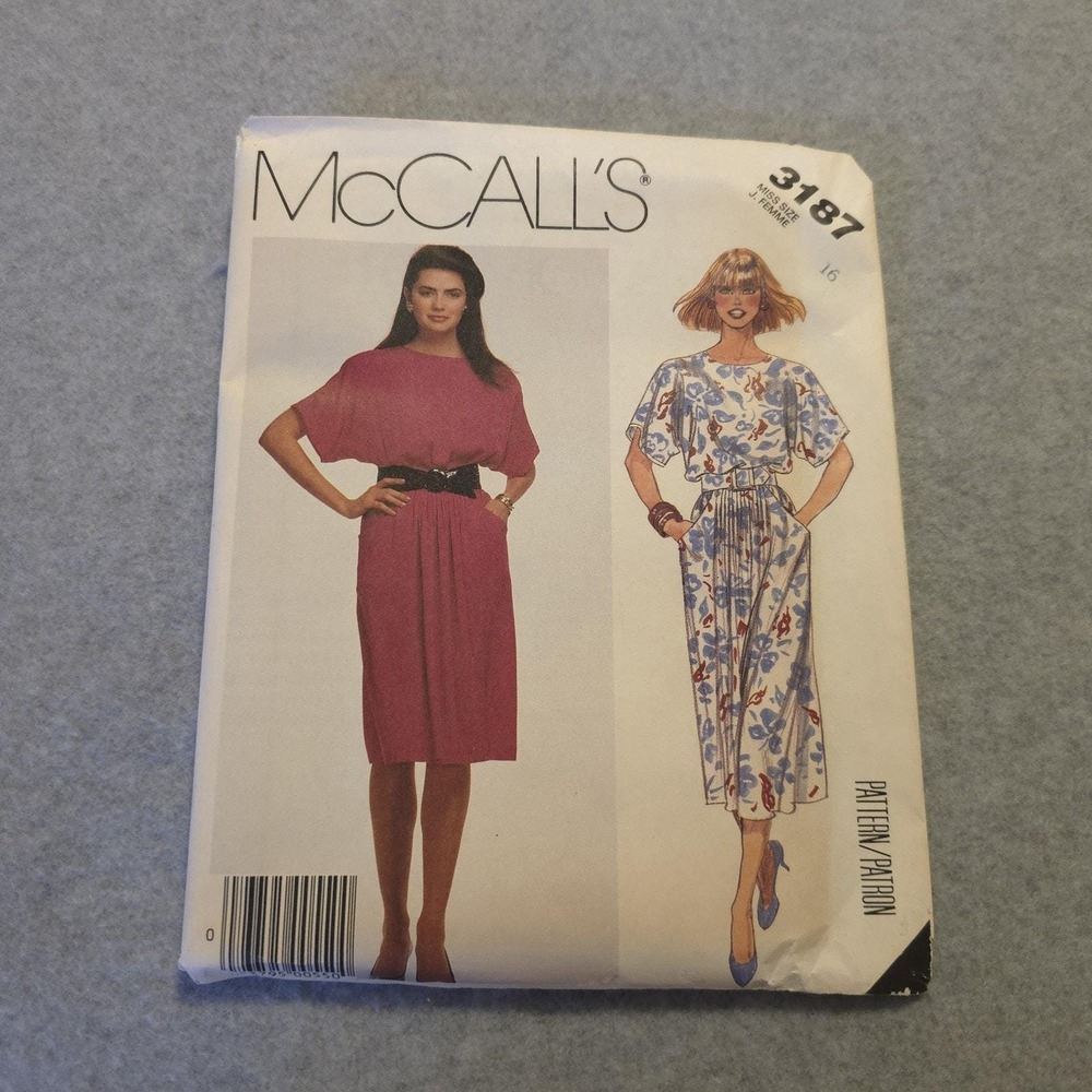 McCall's 3187 Dress Pattern Uncut Size 16 Dolman Sleeve Elastic Waist 1980s